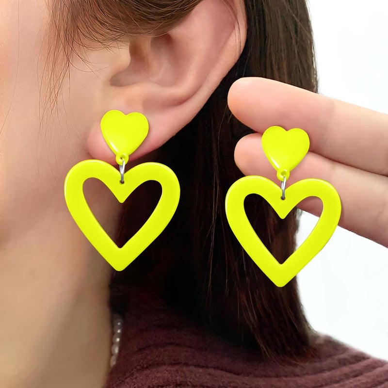 HOLYRY Neon Heart Earrings for Women Acrylic Neon Earrings 80s 90s Outfit for Women Glow Party Accessories Gifts Hot Pink Orange Green Yellow - Image 2